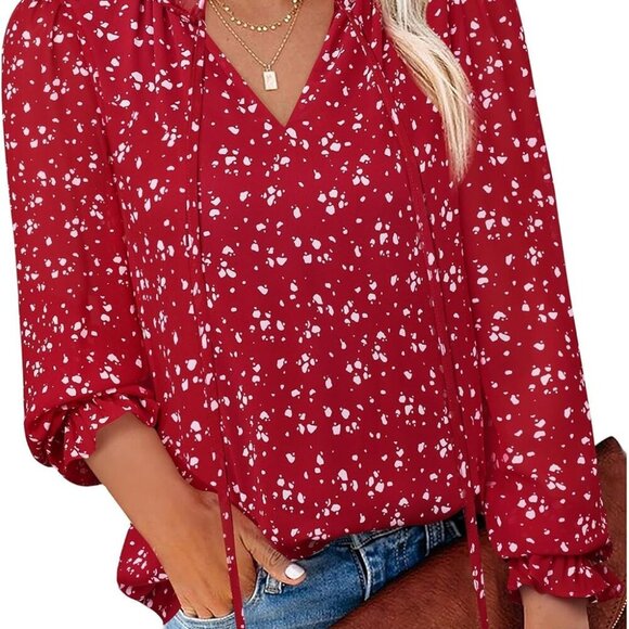 Womens Business Casual Blouses Ruffle V Neck Work Dressy Shirts Long Sleeve Chif - Picture 3 of 5